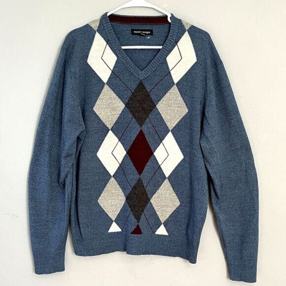 Vintage Tricots St. Raphael Argyle V- Neck Pullover Sweater Mens XL USA‎ Made - Picture 1 of 9